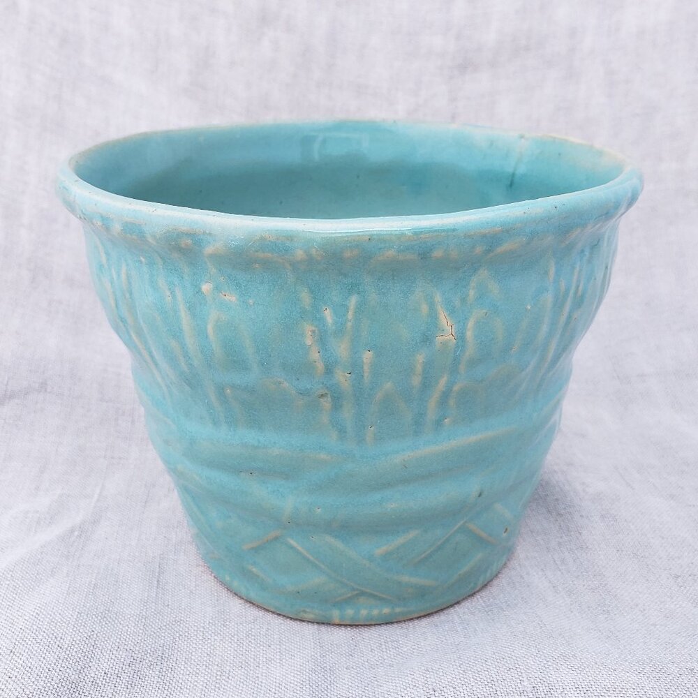 Vintage Mid Century Turquoise Aqua Blue Basket Weave Ceramic Pottery Planter